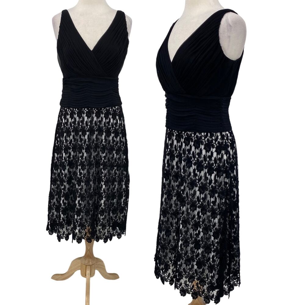 Tadashi Shoji Cocktail Dress Fit & Flare Silk Bodice Lace Black White Womens M